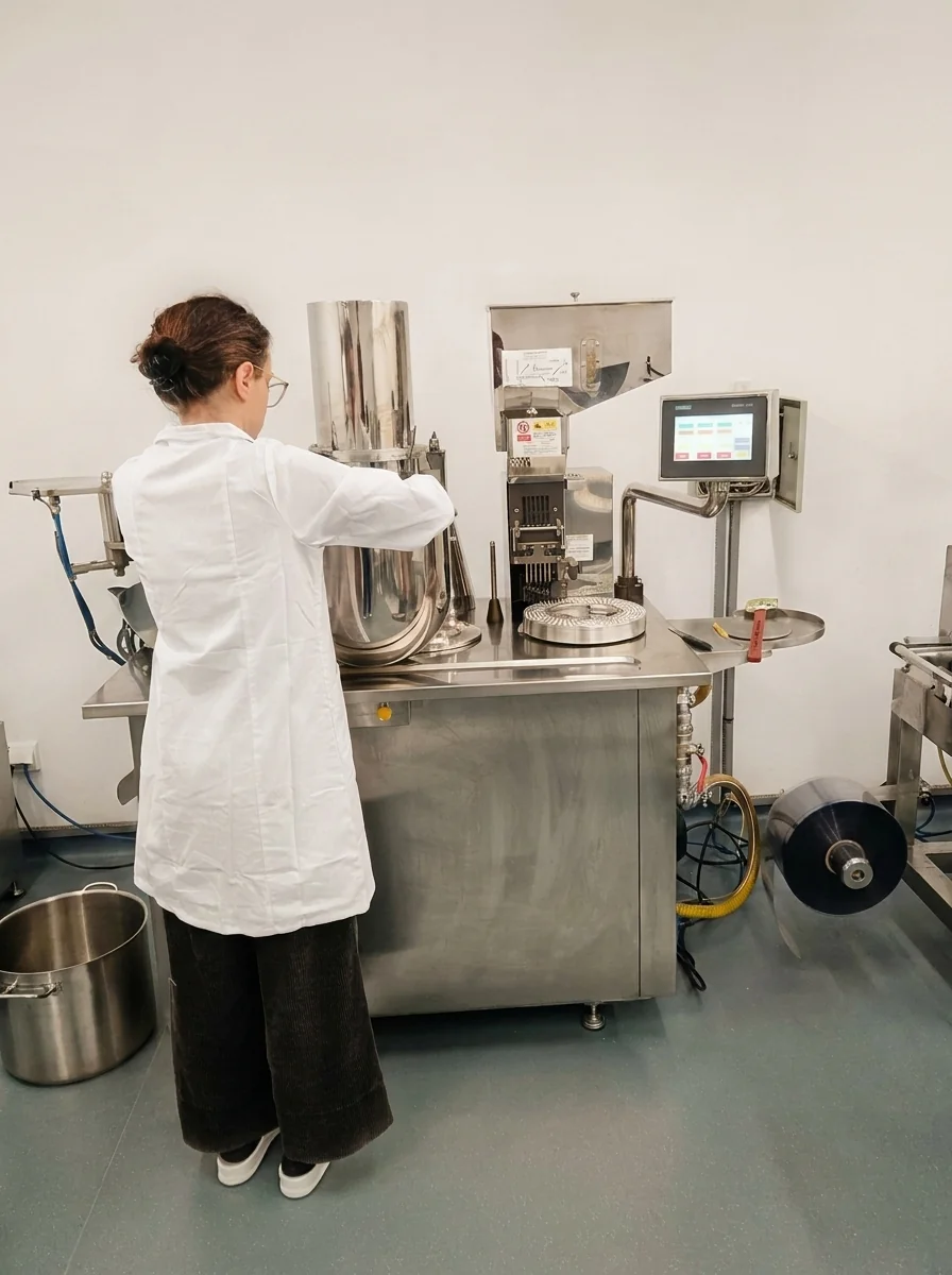 Operator la mașina de încapsulat, în hala de producție