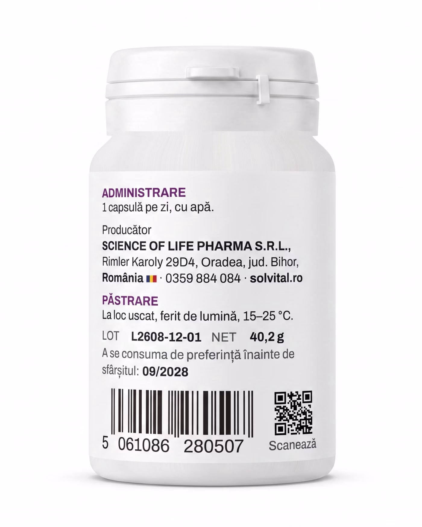 ashwagandha-administrare Eticheta Solvital Ashwagandha cu modul de administrare, lotul și codul de bare