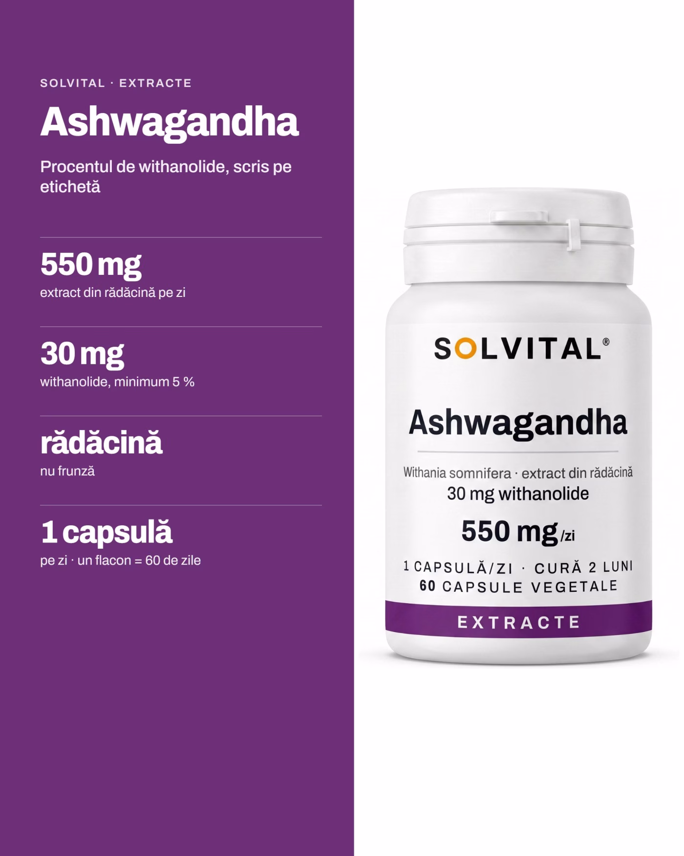 Solvital Ashwagandha – pe scurt Solvital Ashwagandha, pe scurt: 550 mg extract din rădăcină pe zi; 30 mg withanolide, minimum 5 %; rădăcină nu frunză; 1 capsulă pe zi · un flacon = 60 de zile