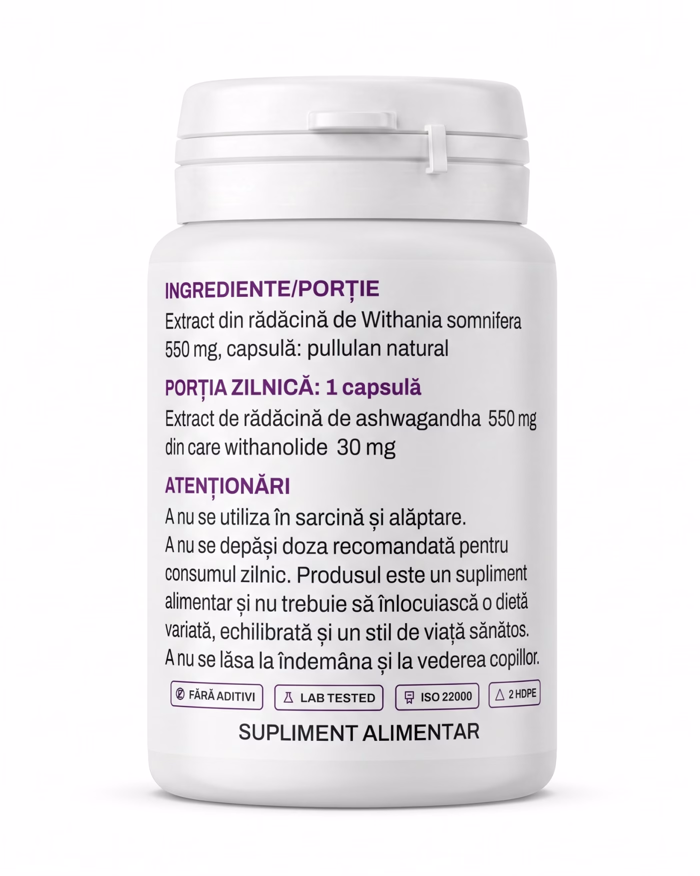 ashwagandha-ingrediente Eticheta Solvital Ashwagandha cu tabelul de ingrediente și valorile nutriționale