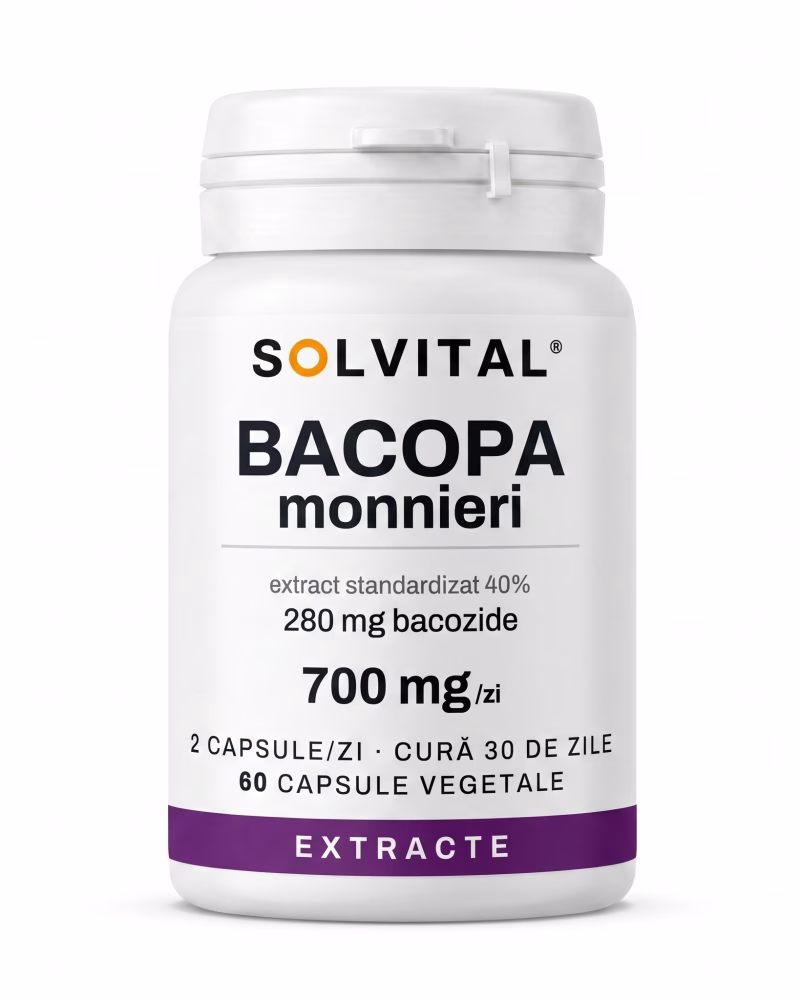 bacopa-monnieri-flacon Flacon Solvital Bacopa Monnieri, 60 capsule naturale, eticheta din față