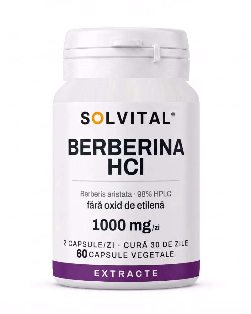 berberina-hcl-flacon Flacon Solvital Berberină HCl, 60 capsule naturale, eticheta din față