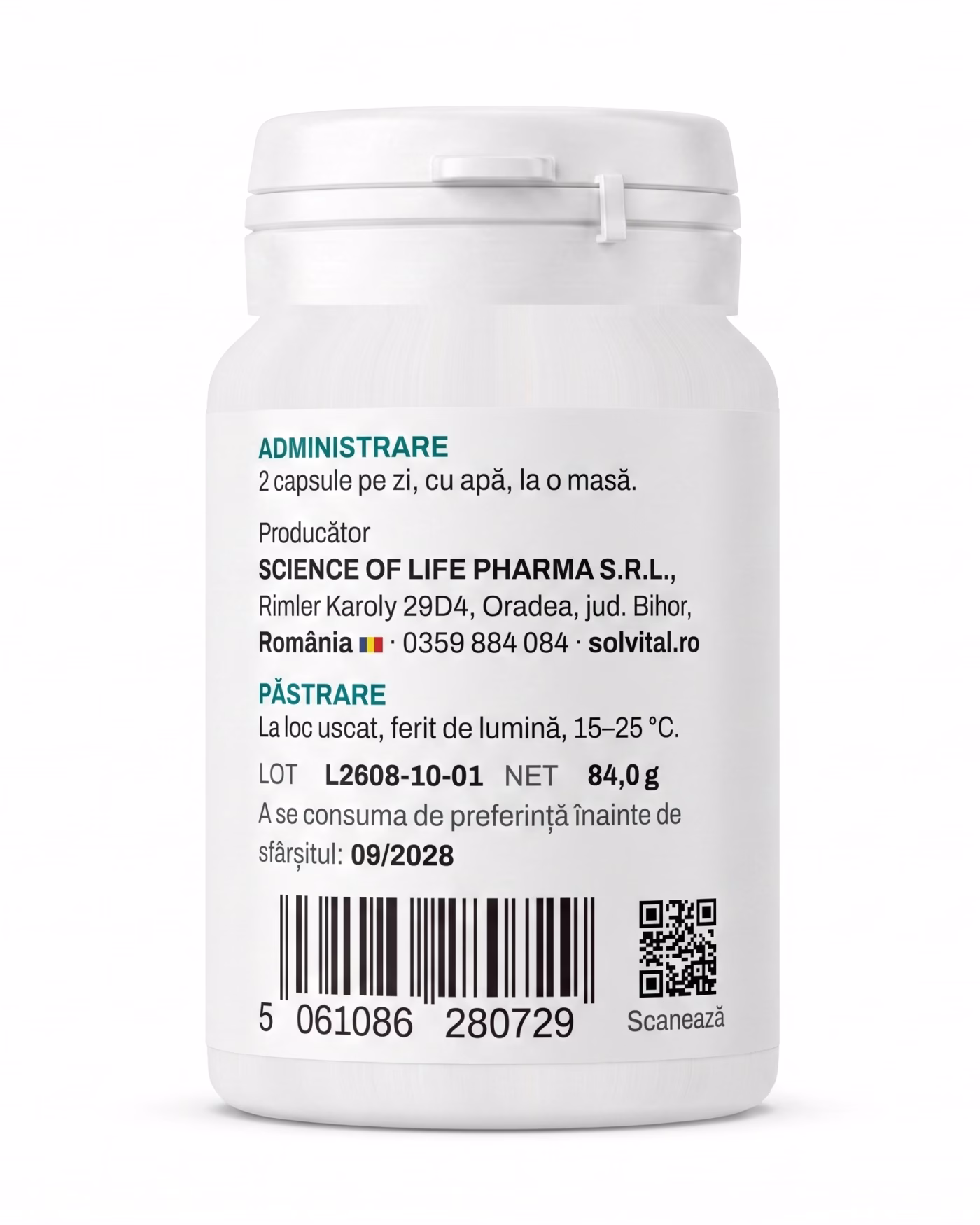 Eticheta Solvital CLA acid linoleic conjugat cu modul de administrare, lotul și codul de bare