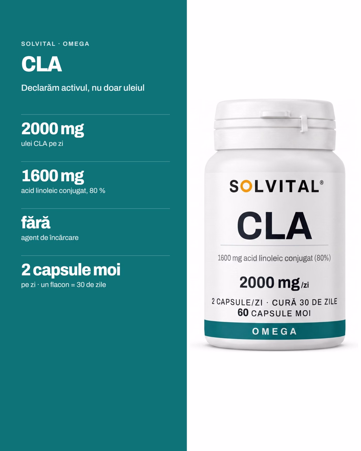 Solvital CLA, pe scurt: 2000 mg ulei CLA pe zi; 1600 mg acid linoleic conjugat, 80 %; fără agent de încărcare; 2 capsule moi pe zi · un flacon = 30 de zile