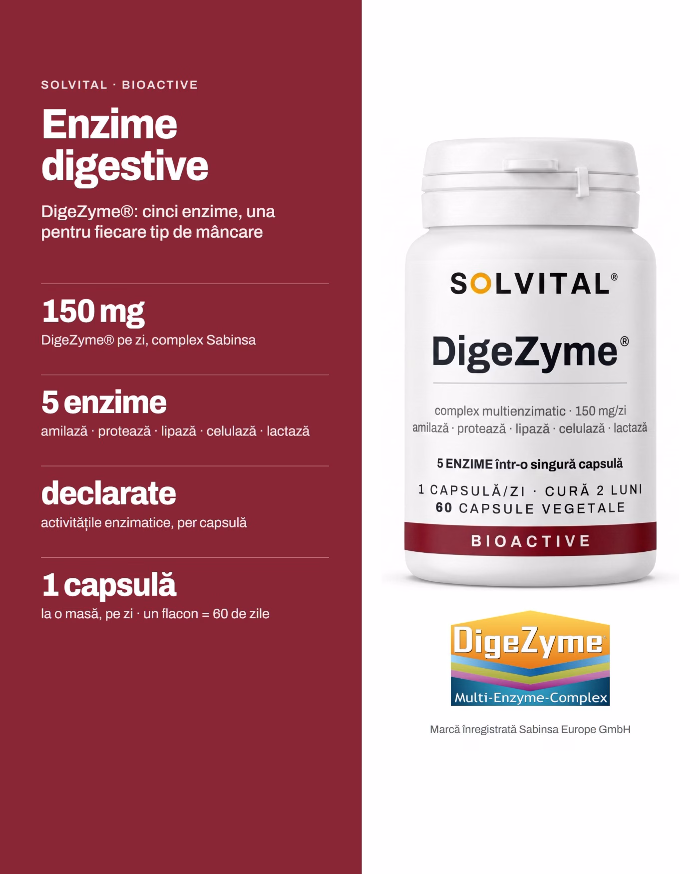 Solvital Enzime digestive, pe scurt: 150 mg DigeZyme® pe zi, complex Sabinsa; 5 enzime amilază · protează · lipază · celulază · lactază; declarate activitățile enzimatice, per capsulă; 1 capsulă la o masă, pe zi · un flacon = 60 de zile