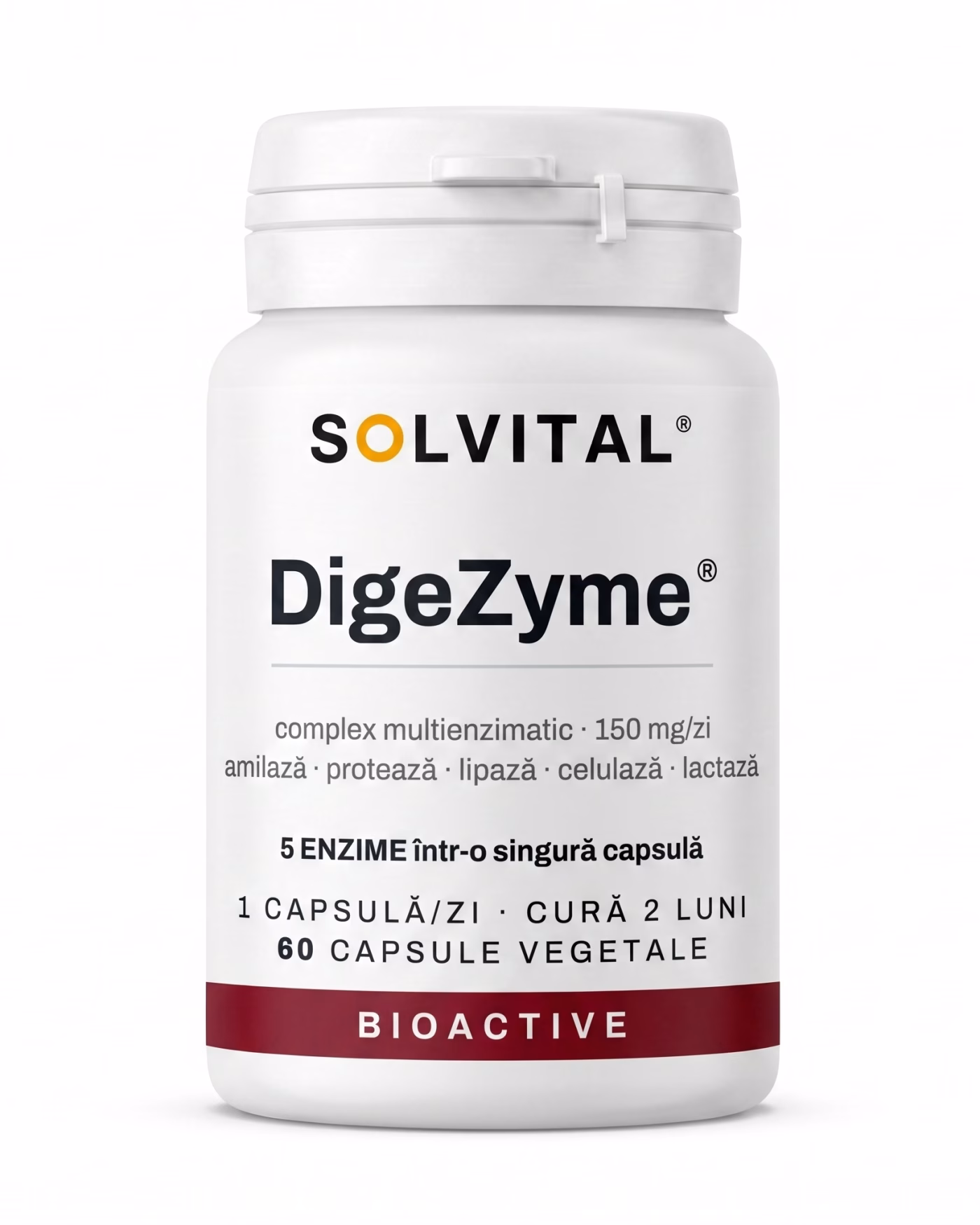 Flacon Solvital DigeZyme enzime digestive, 60 capsule naturale, eticheta din față