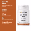 Solvital D3 + K2 forte – pe scurt Solvital D3 + K2 forte, pe scurt: 2000 UI vitamina D3 pe zi; 100 µg vitamina K2 MK-7 din fermentație; fără agent de încărcare: capsulă moale, în ulei; 1 capsulă moale pe zi · un flacon = 30 de zile