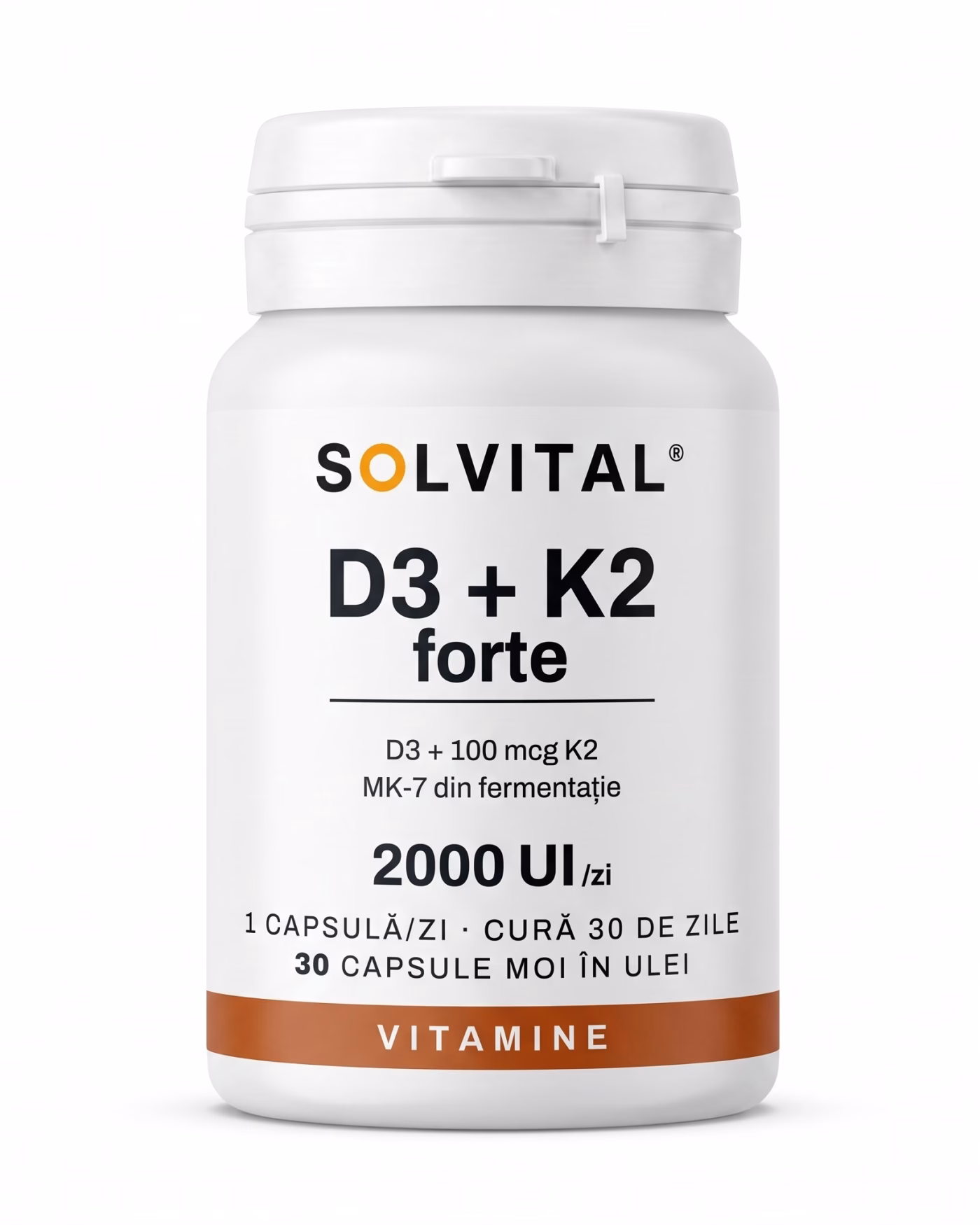 vitamina-d3-k2-forte-flacon Flacon Solvital vitamina D3 cu K2 forte, 2000 UI D3 și 100 mcg K2 MK-7, 30 capsule moi, eticheta din față