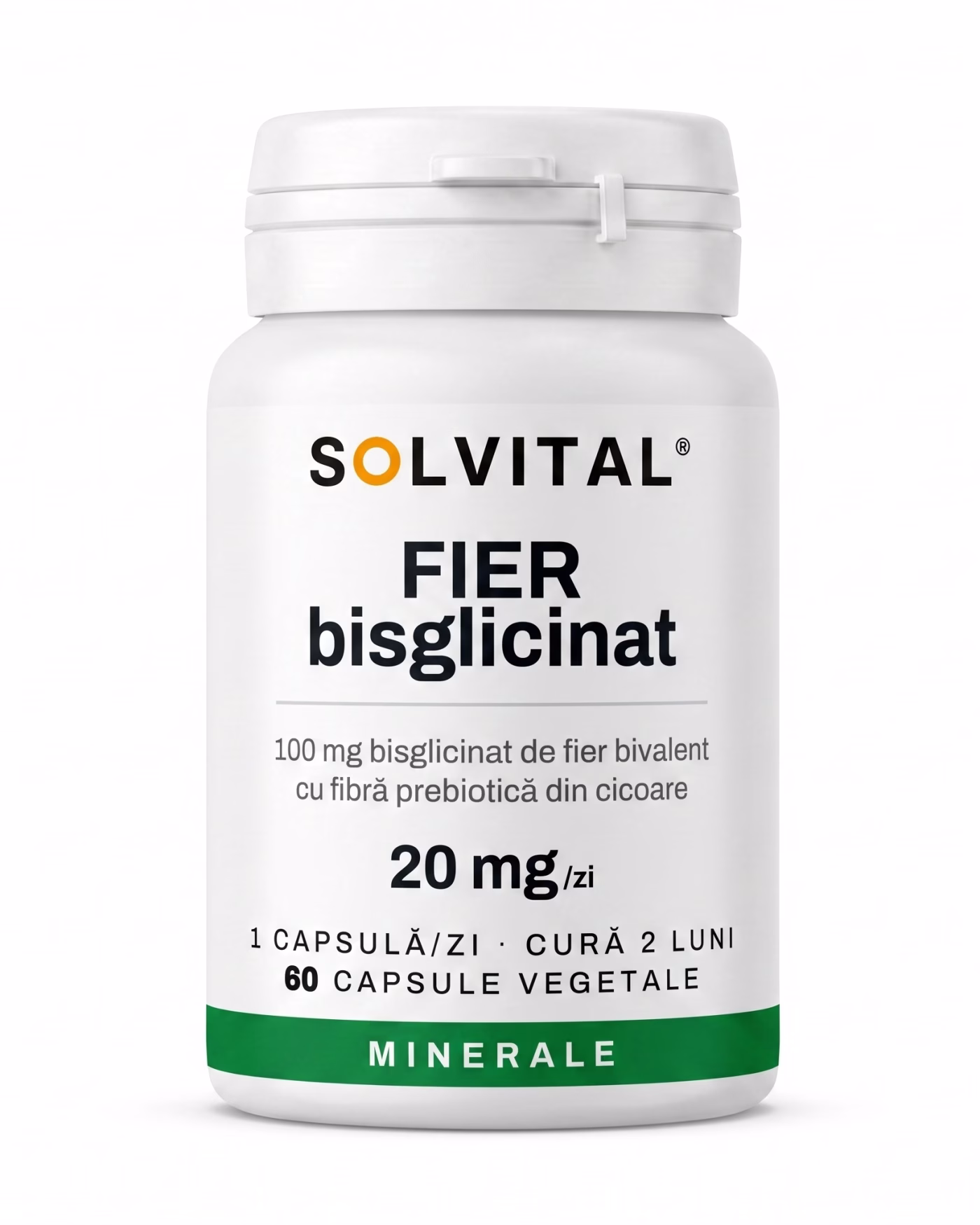 fier-bisglicinat-flacon Flacon Solvital Fier bisglicinat, 60 capsule naturale, eticheta din față