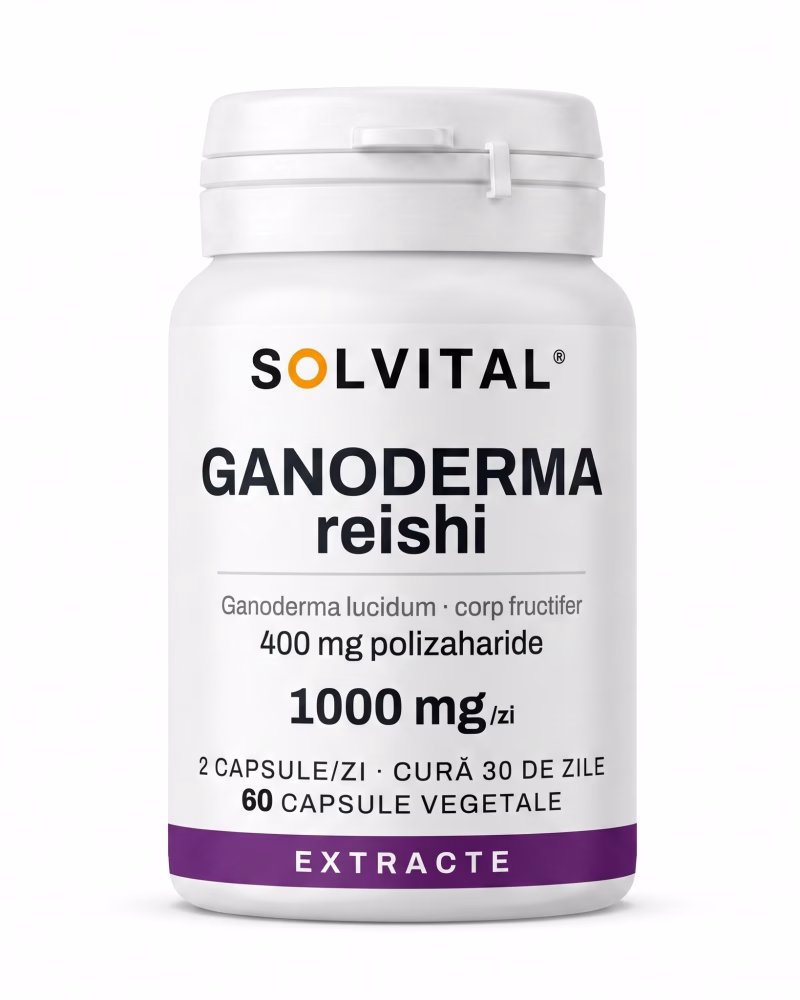 ganoderma-reishi-flacon Flacon Solvital Ganoderma Reishi, 60 capsule naturale, eticheta din față