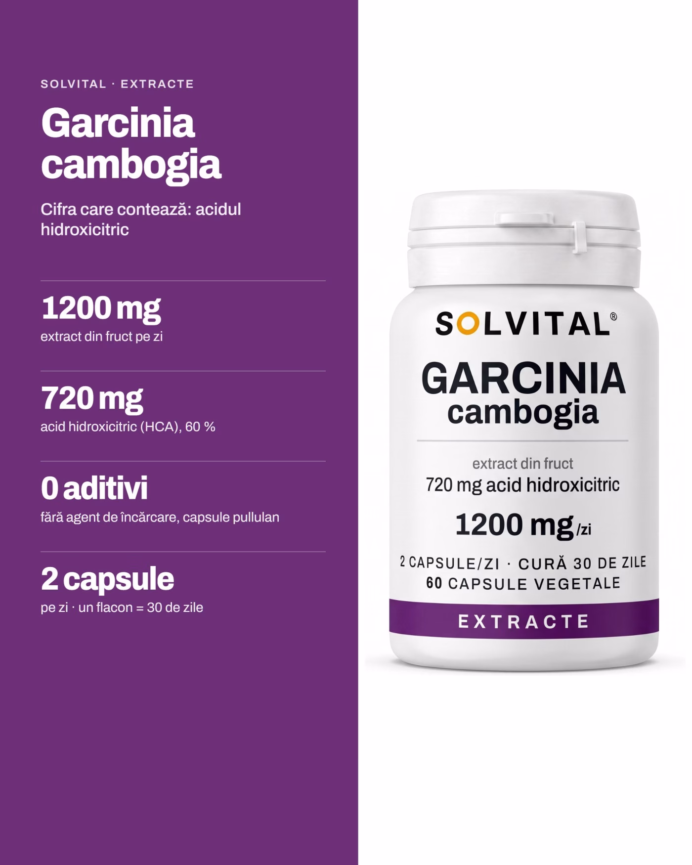 Solvital Garcinia cambogia, pe scurt: 1200 mg extract din fruct pe zi; 720 mg acid hidroxicitric (HCA), 60 %; 0 aditivi fără agent de încărcare, capsule pullulan; 2 capsule pe zi · un flacon = 30 de zile