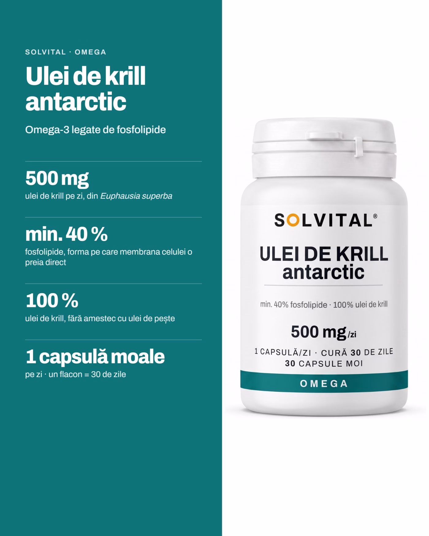 Solvital Ulei de krill antarctic, pe scurt: 500 mg ulei de krill pe zi, din Euphausia superba; min. 40 % fosfolipide, forma pe care membrana celulei o preia direct; 100 % ulei de krill, fără amestec cu ulei de pește; 1 capsulă moale pe zi · un flacon = 30 de zile