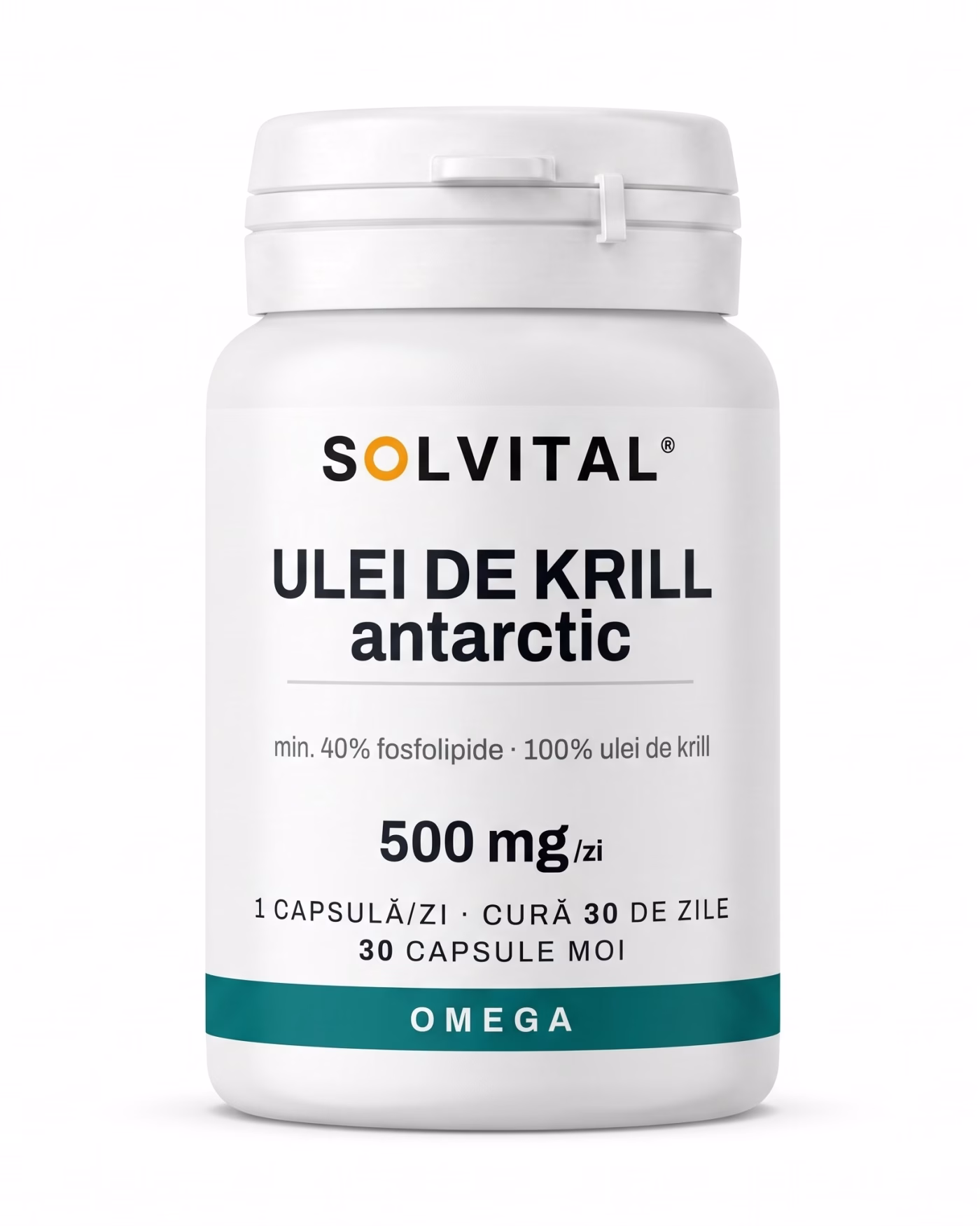 Flacon Solvital Ulei de krill antarctic, 30 capsule moi, eticheta din față