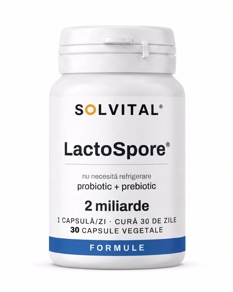 lactospore-probiotic-flacon Flacon Solvital LactoSpore probiotic, 30 capsule naturale, eticheta din față