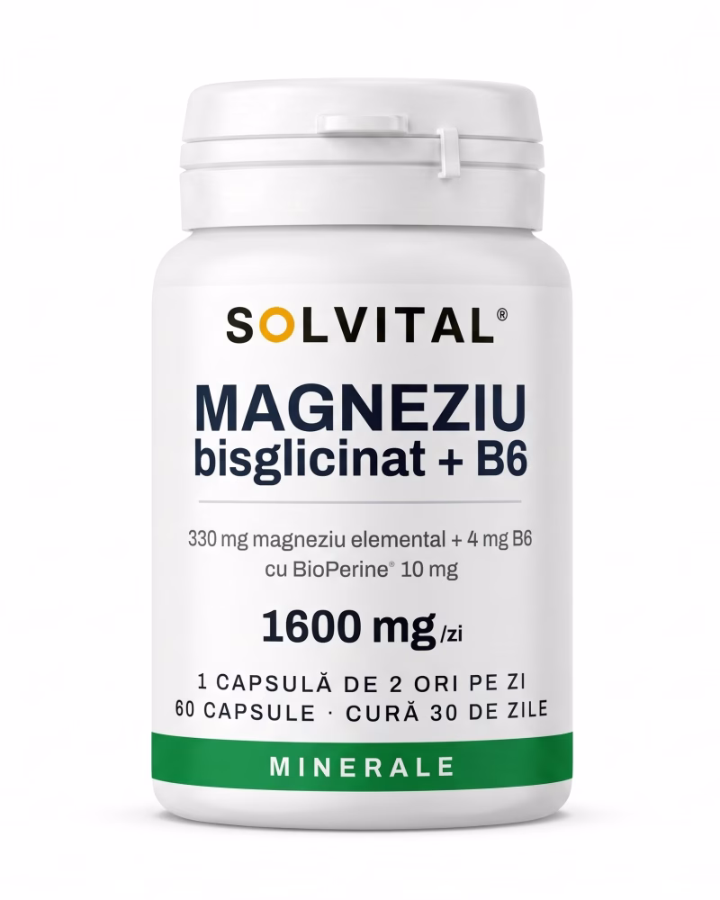 magneziu-bisglicinat-b6-flacon Flacon Solvital magneziu B6 bisglicinat, 330 mg magneziu elemental, 60 capsule naturale, eticheta din față