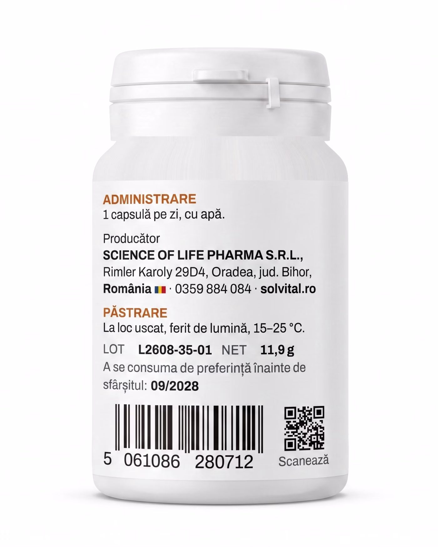 Eticheta Solvital Vitamina B12 metilcobalamină cu modul de administrare, lotul și codul de bare