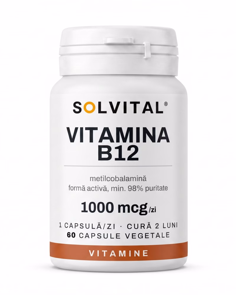 vitamina-b12-metilcobalamina-flacon Flacon Solvital Vitamina B12 metilcobalamină, 60 capsule naturale, eticheta din față