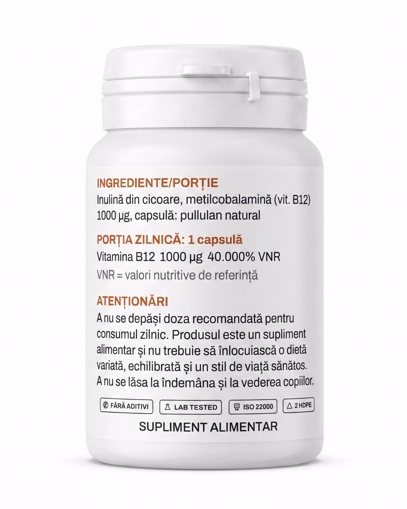 Eticheta Solvital Vitamina B12 metilcobalamină cu tabelul de ingrediente și valorile nutriționale