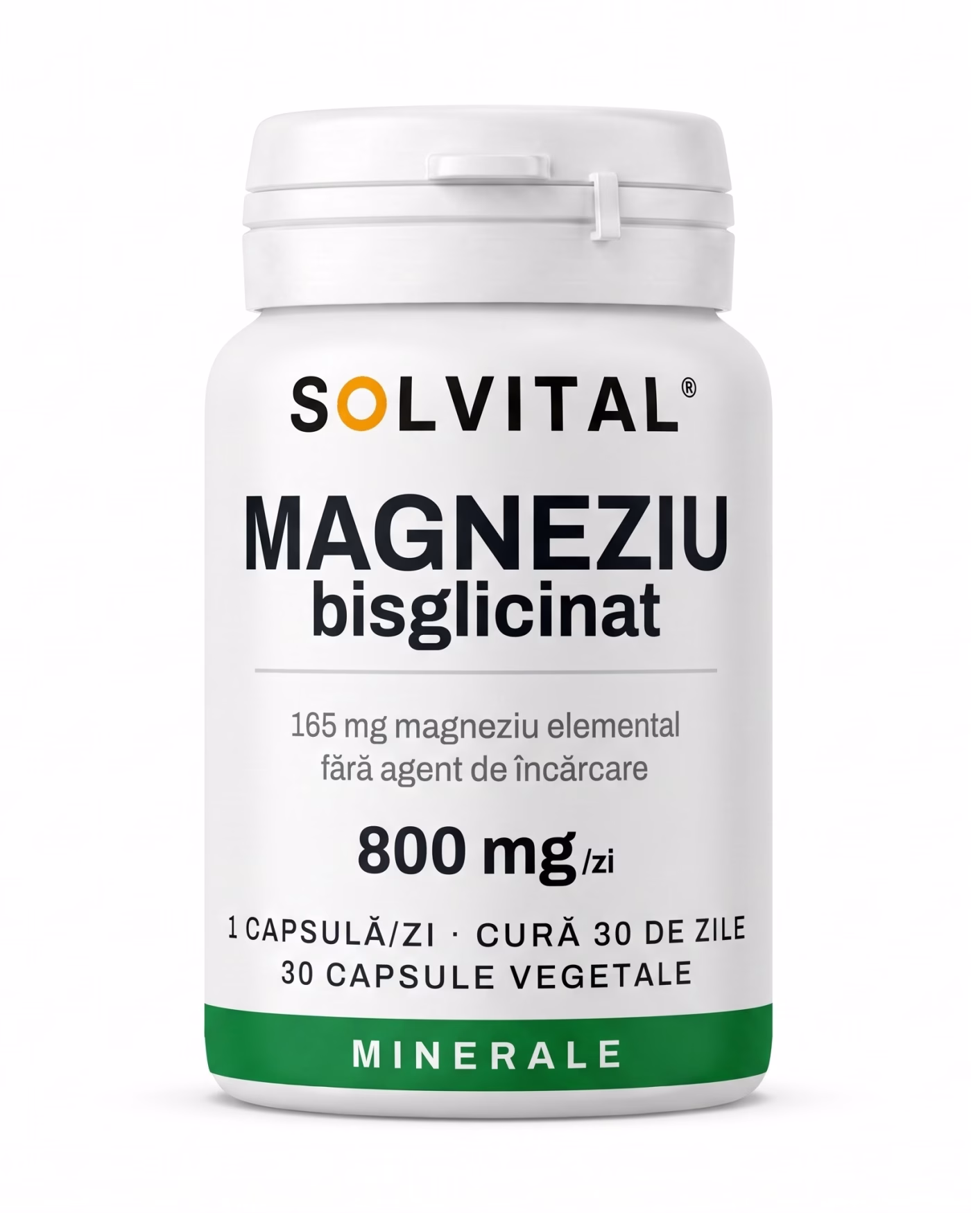 magneziu-bisglicinat-flacon Flacon Solvital cu bisglicinat de magneziu, 165 mg magneziu elemental, 30 capsule naturale, eticheta din față