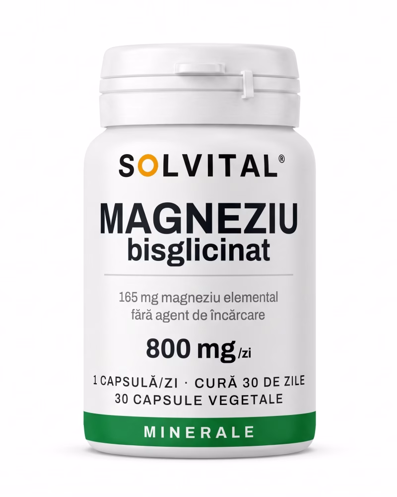 magneziu-bisglicinat-flacon Flacon Solvital cu bisglicinat de magneziu, 165 mg magneziu elemental, 30 capsule naturale, eticheta din față