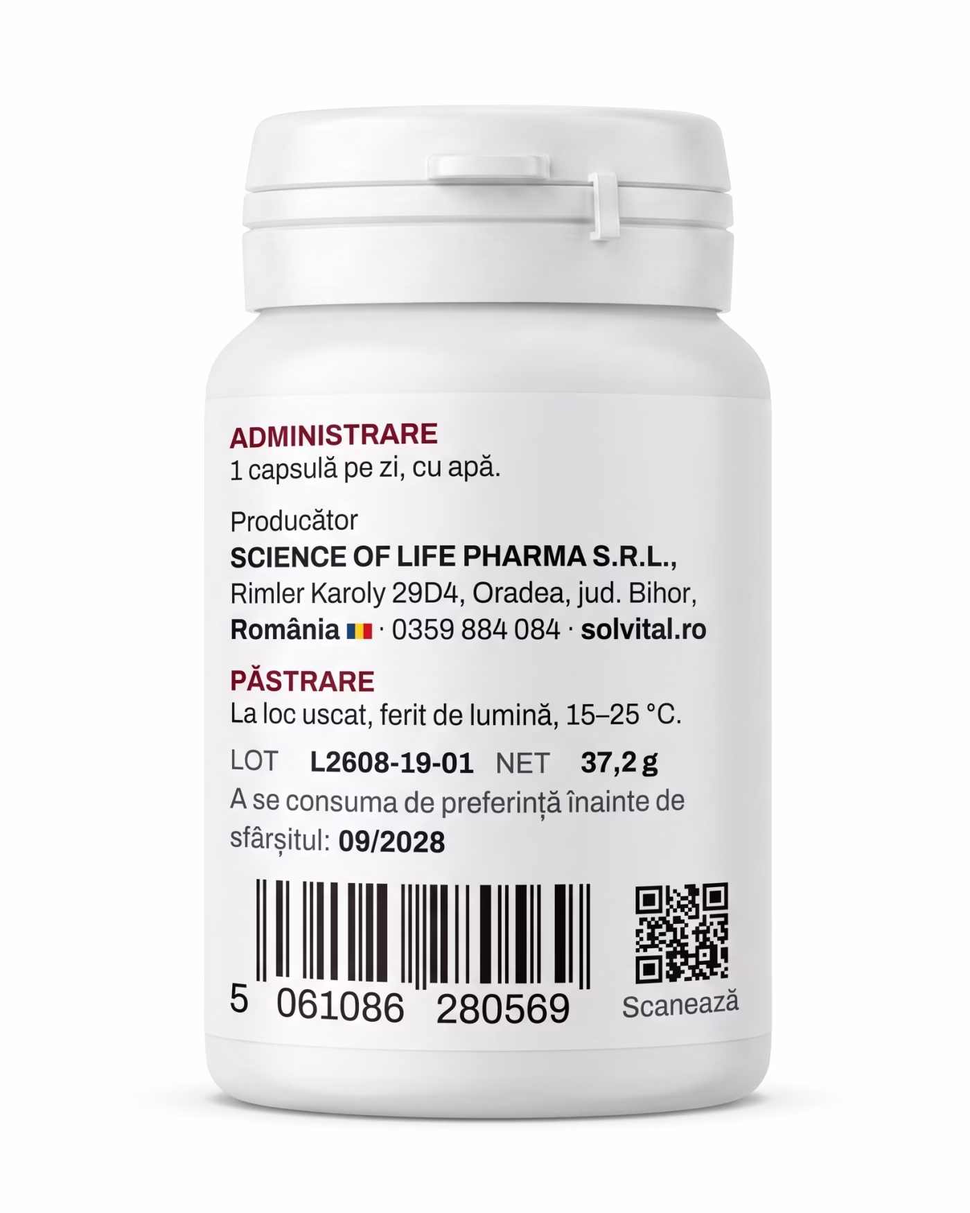 Eticheta Solvital NAC N-acetilcisteină cu modul de administrare, lotul și codul de bare