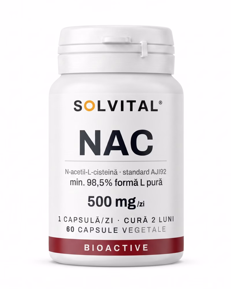 nac-n-acetilcisteina-flacon Flacon Solvital NAC N-acetilcisteină, 60 capsule naturale, eticheta din față