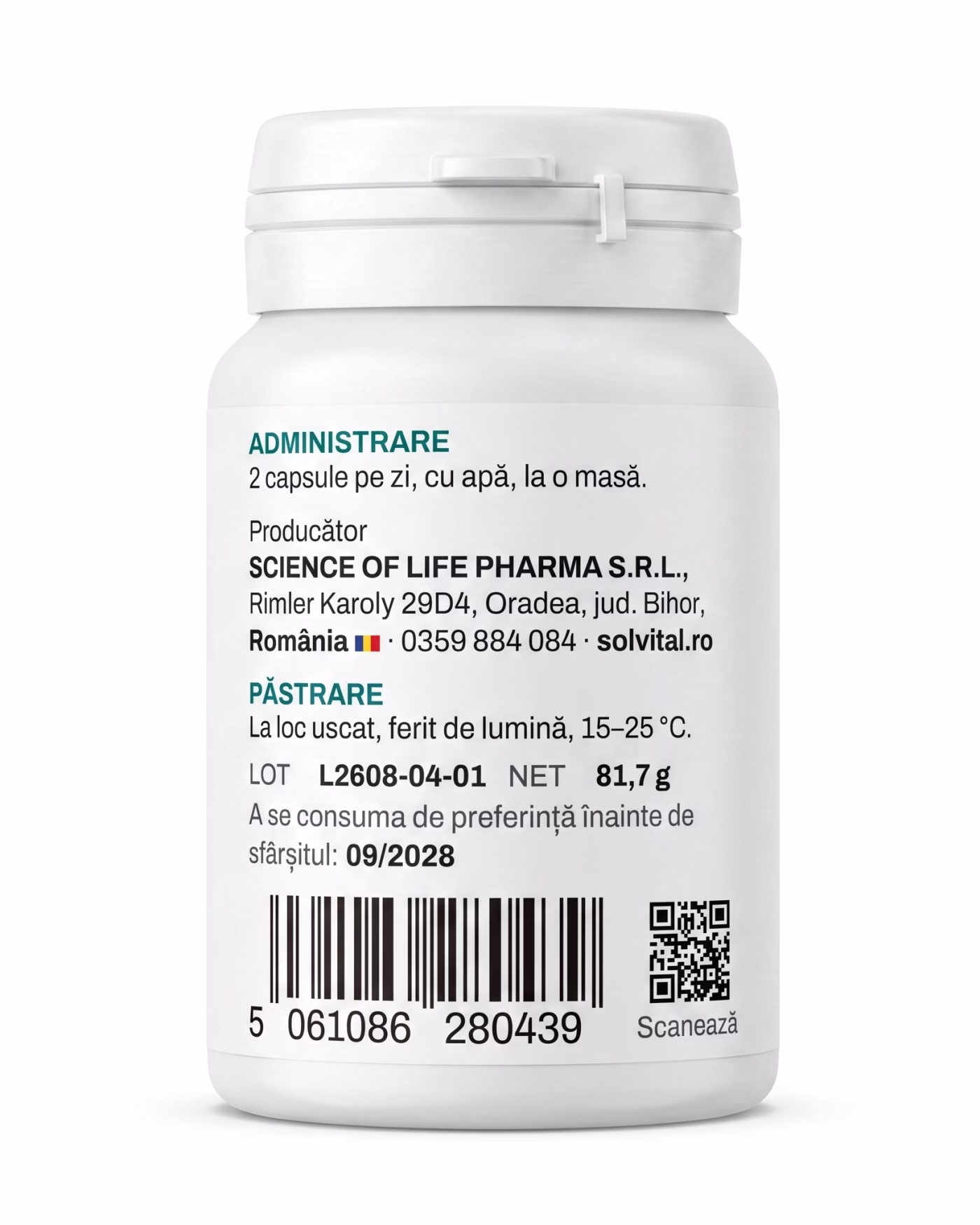 Eticheta Solvital Omega 3 cu modul de administrare, lotul și codul de bare