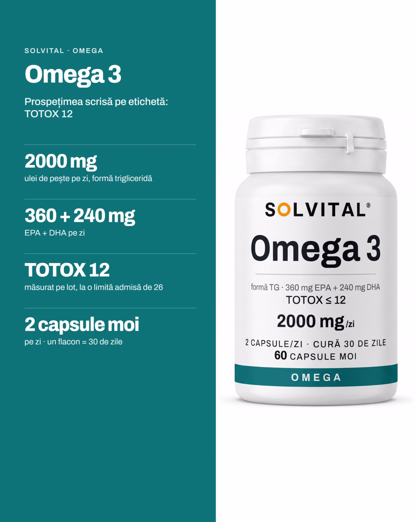 Solvital Omega 3, pe scurt: 2000 mg ulei de pește pe zi, formă trigliceridă; 360 + 240 mg EPA + DHA pe zi; TOTOX 12 măsurat pe lot, la o limită admisă de 26; 2 capsule moi pe zi · un flacon = 30 de zile