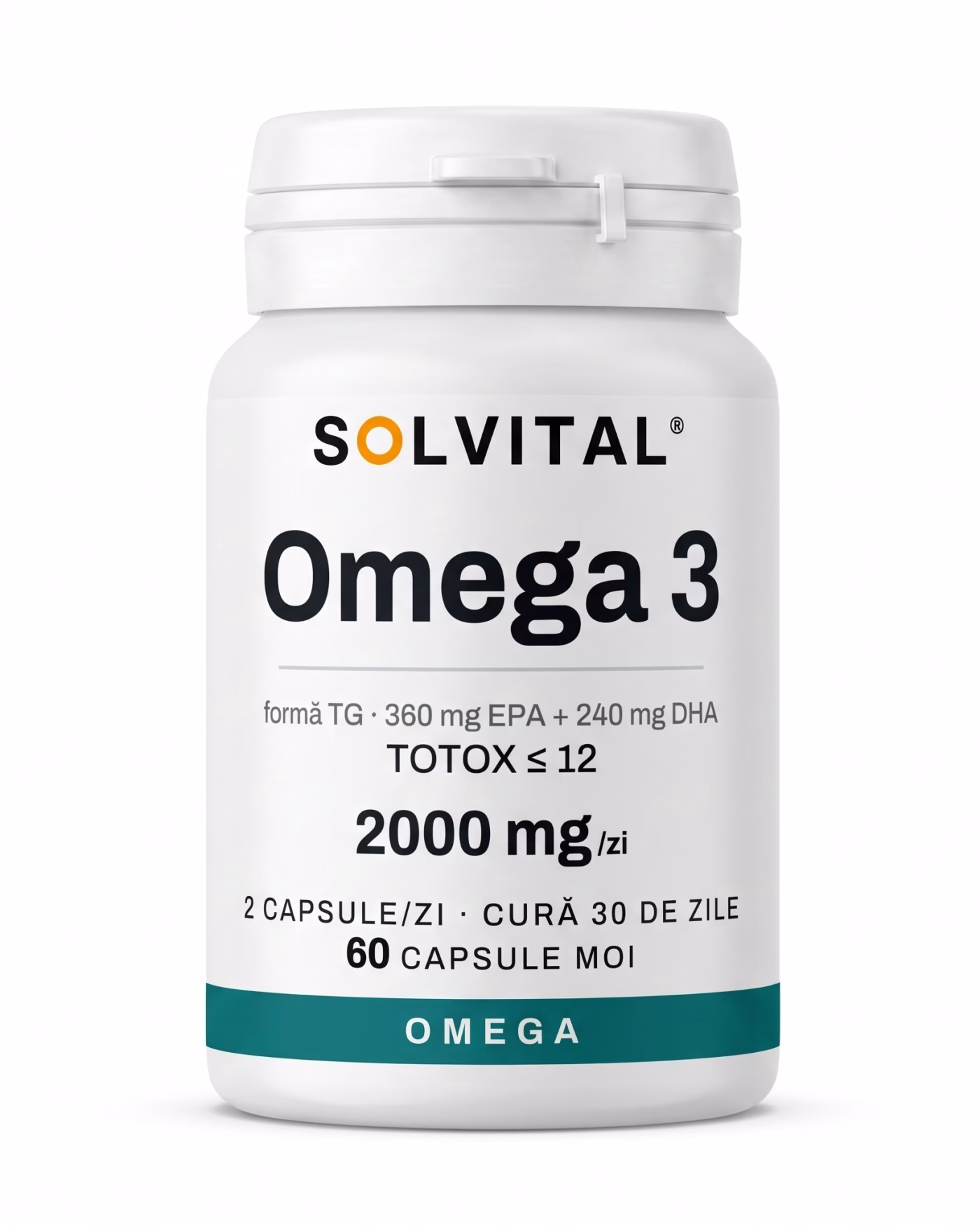 Flacon Solvital Omega-3, 360 mg EPA și 240 mg DHA, 60 capsule moi, eticheta din față