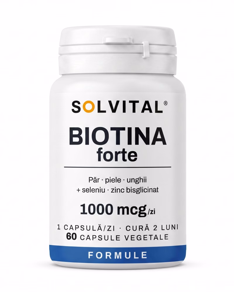 biotina-forte-flacon Flacon Solvital Biotina forte, 60 capsule naturale, eticheta din față