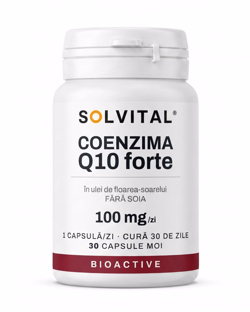 coenzima-q10-forte-flacon Flacon Solvital Coenzima Q10 forte, 30 capsule moi, eticheta din față