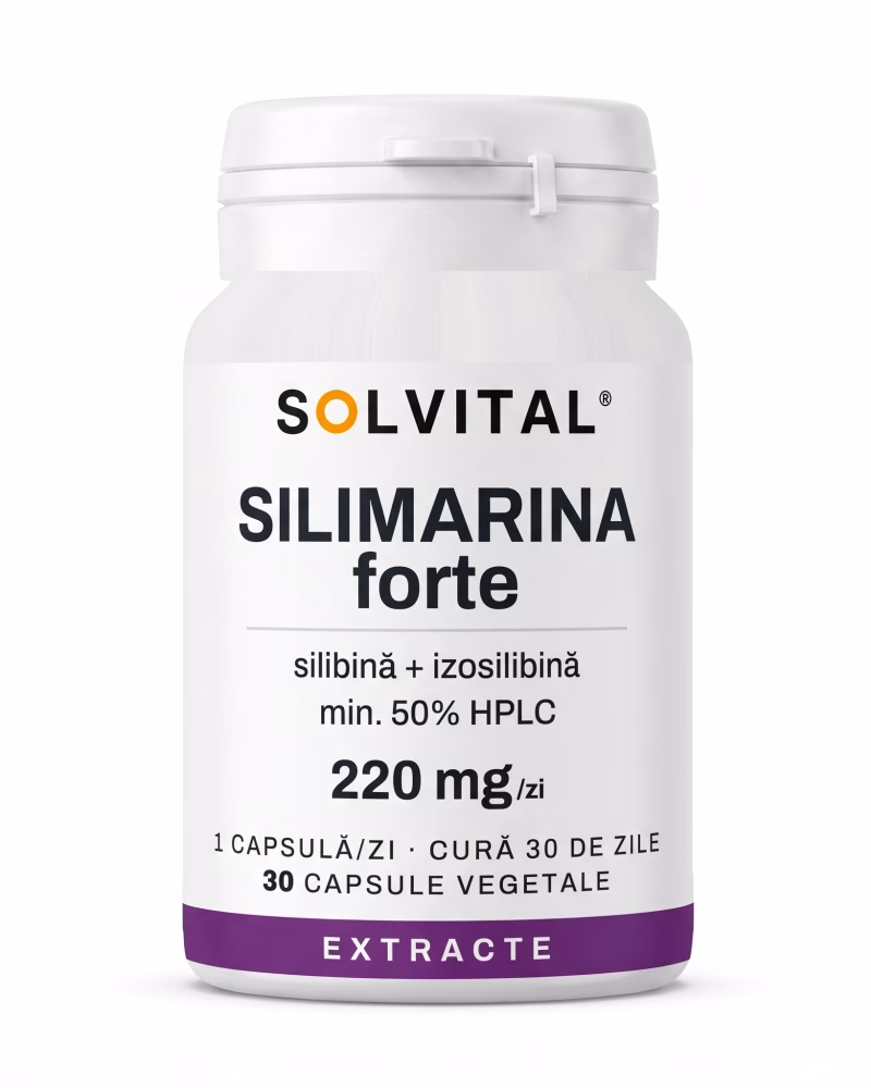 silimarina-forte-flacon Flacon Solvital Silimarină forte, 30 capsule naturale, eticheta din față