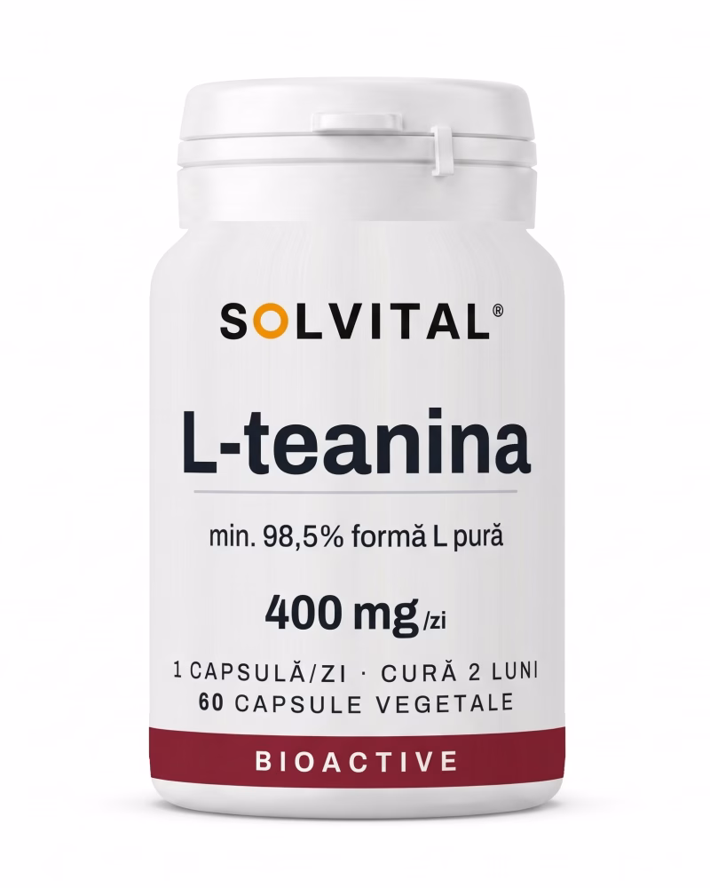 l-teanina-flacon Flacon Solvital L-teanină, 60 capsule naturale, eticheta din față