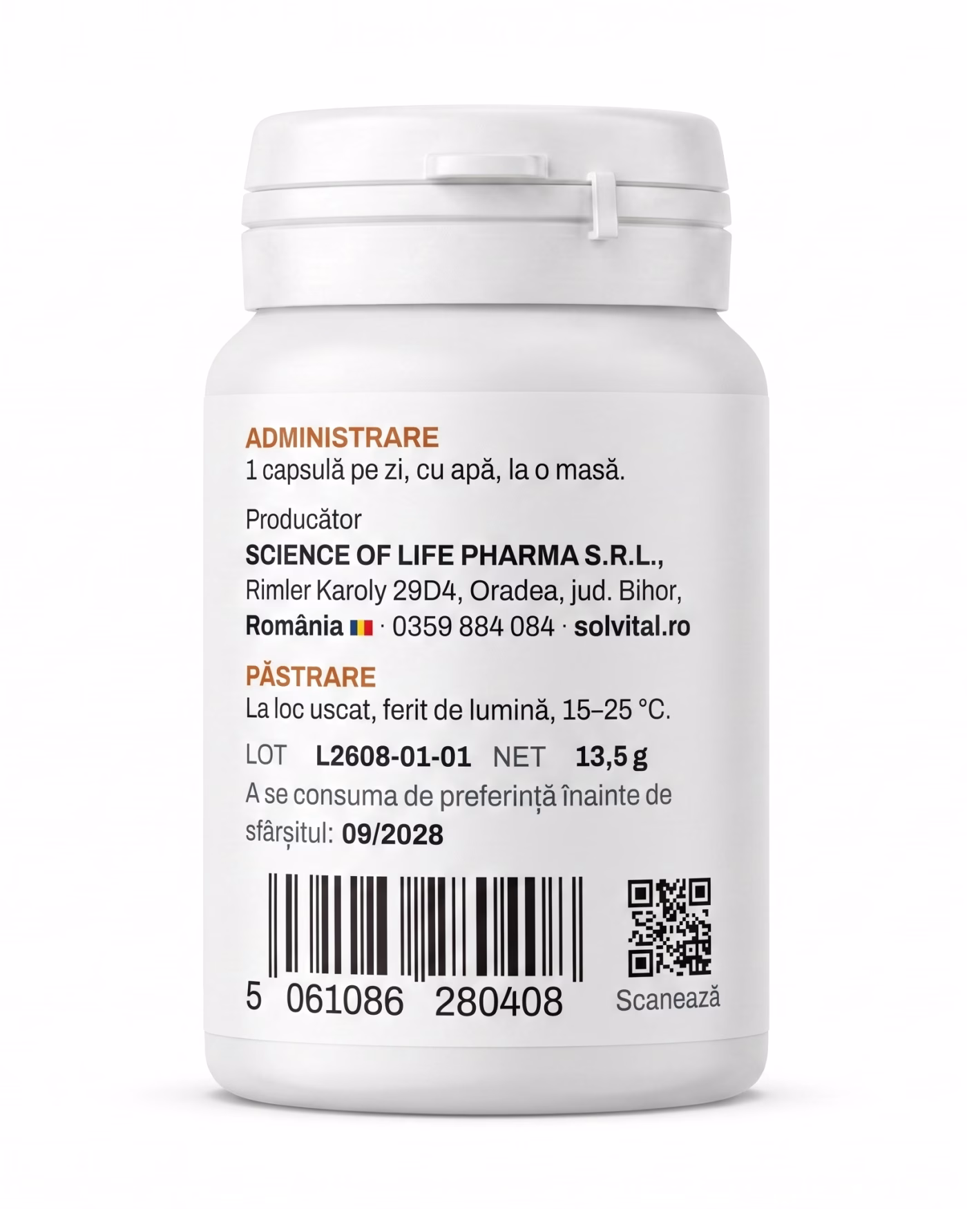 Eticheta Solvital Vitamina D3 forte cu modul de administrare, lotul și codul de bare