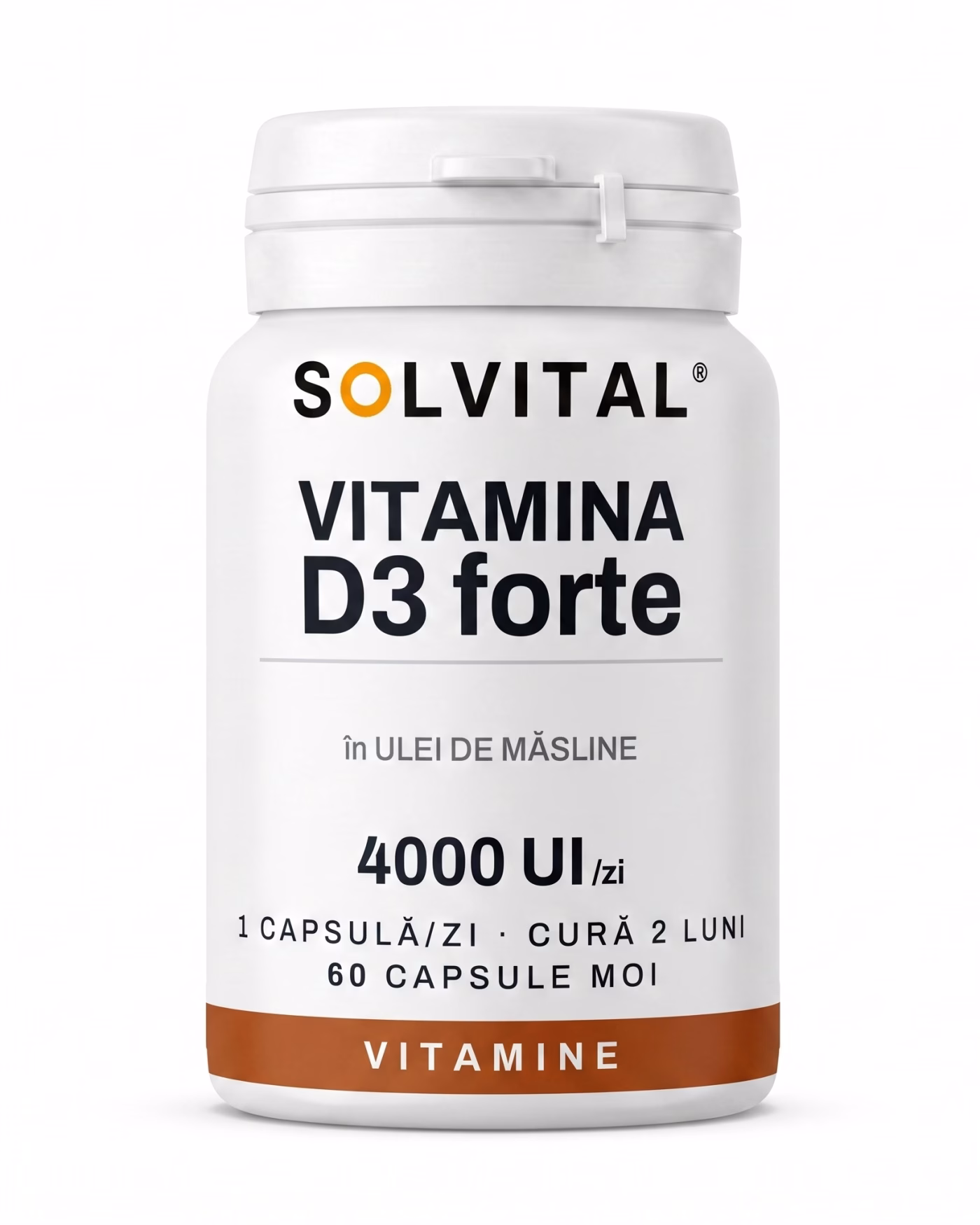 Flacon Solvital Vitamina D3 forte, 60 capsule moi, eticheta din față