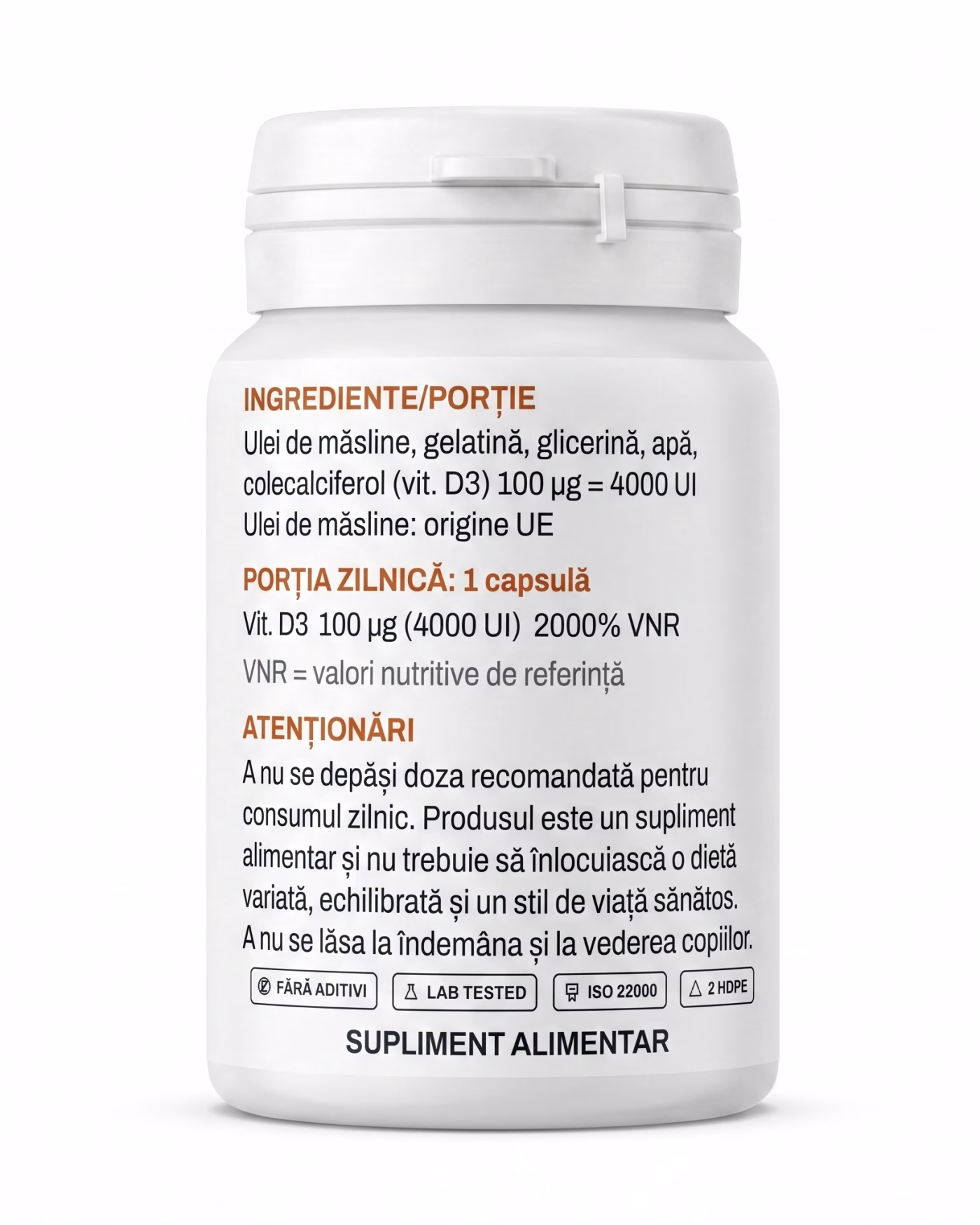 Eticheta Solvital Vitamina D3 forte cu tabelul de ingrediente și valorile nutriționale