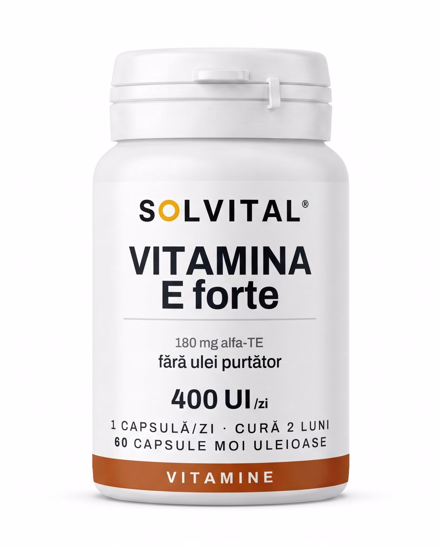 vitamina-e-forte-flacon Flacon Solvital Vitamina E forte, 60 capsule moi, eticheta din față