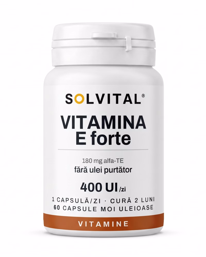 vitamina-e-forte-flacon Flacon Solvital Vitamina E forte, 60 capsule moi, eticheta din față