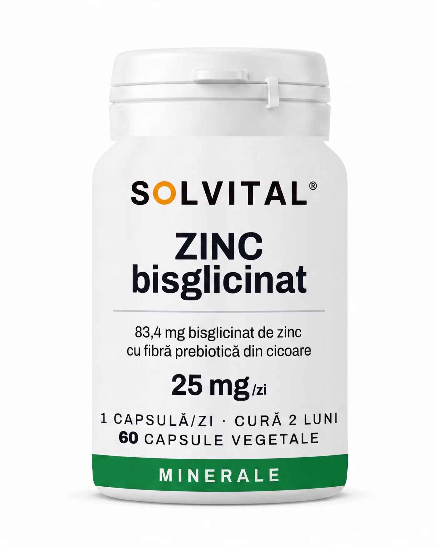 zinc-bisglicinat-flacon Flacon Solvital Zinc bisglicinat, 60 capsule naturale, eticheta din față